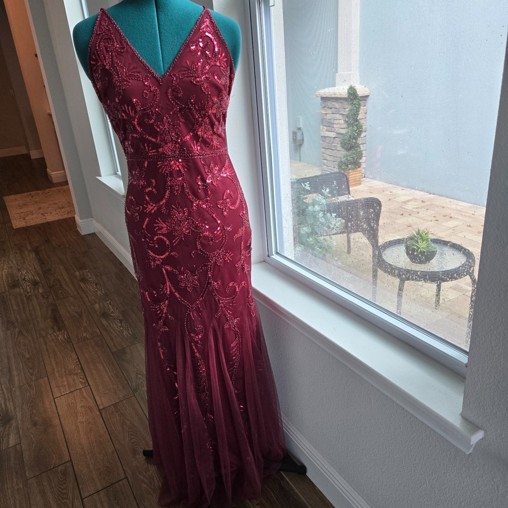 Womens Burgundy Sequined Net Over Lining Mermaid Formal Maxi Prom Sz Sm / Medium